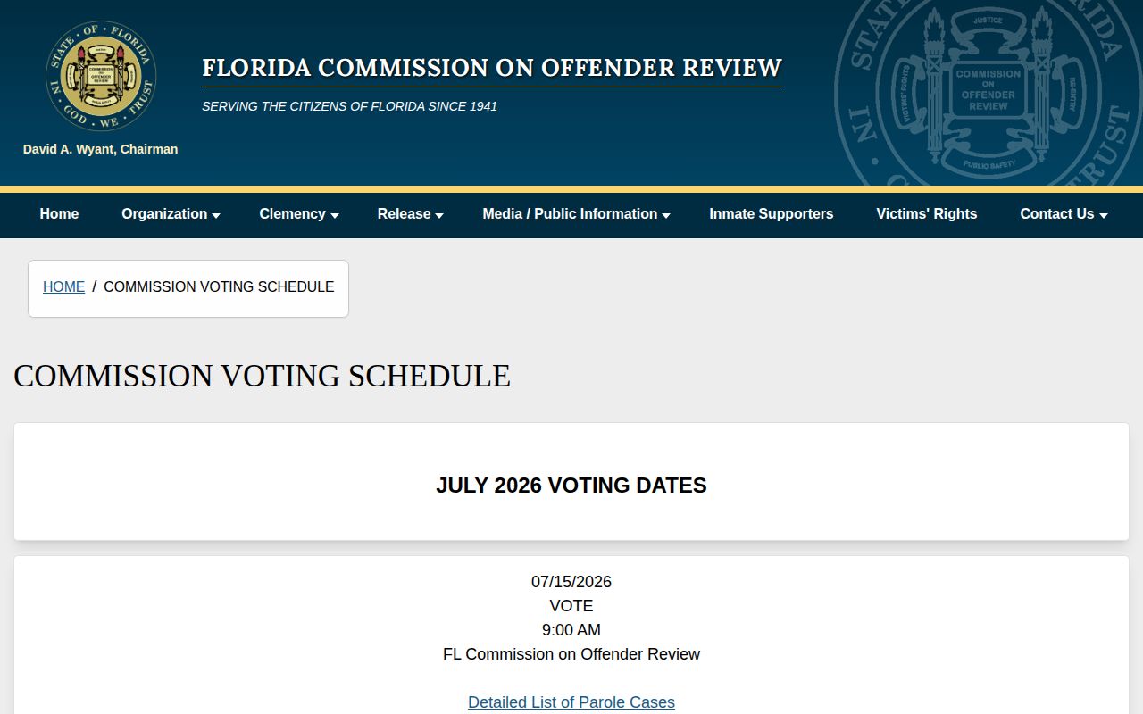 FCOR voting calendar for St. Johns County parole hearing checks