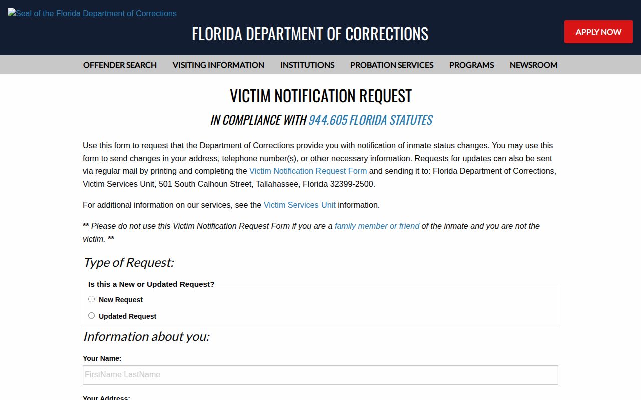 FDC notification request for St. Johns County state prisoner release events