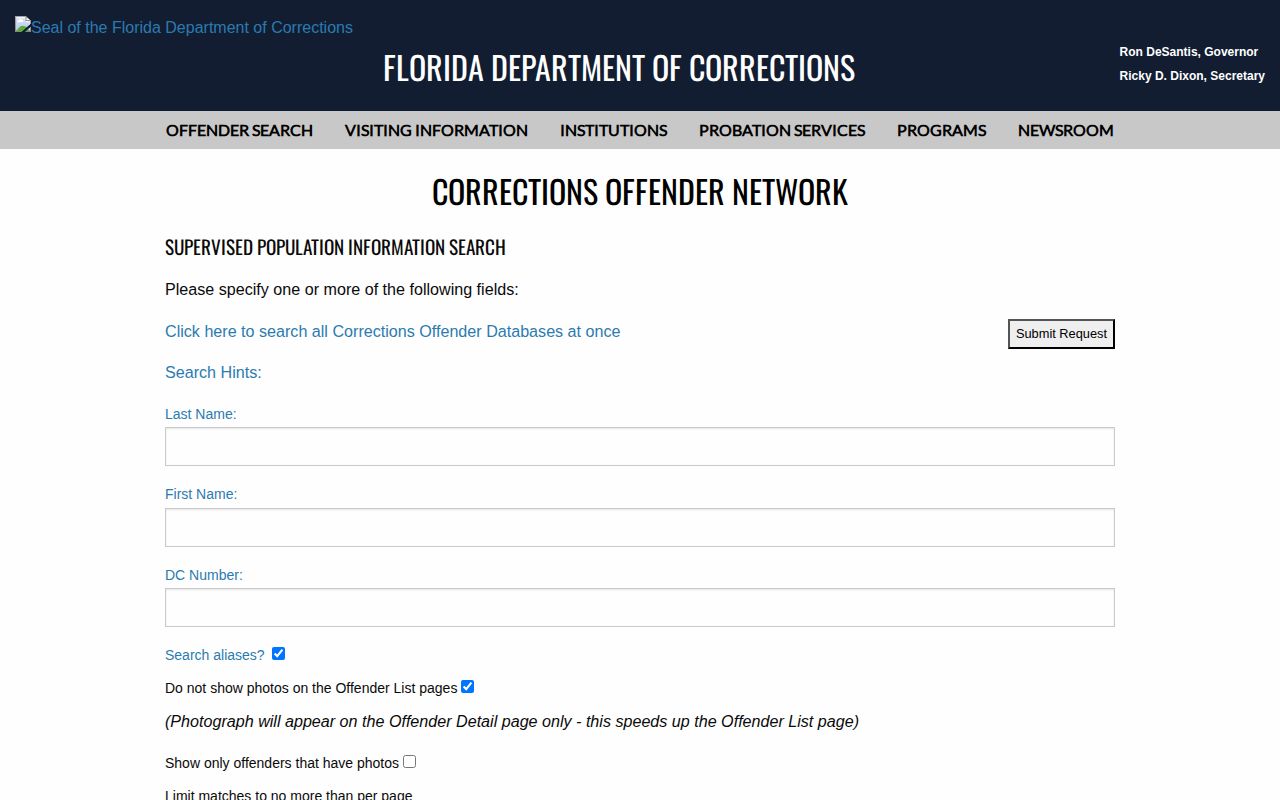 FDC supervised population search for St. Johns County probation and parole records