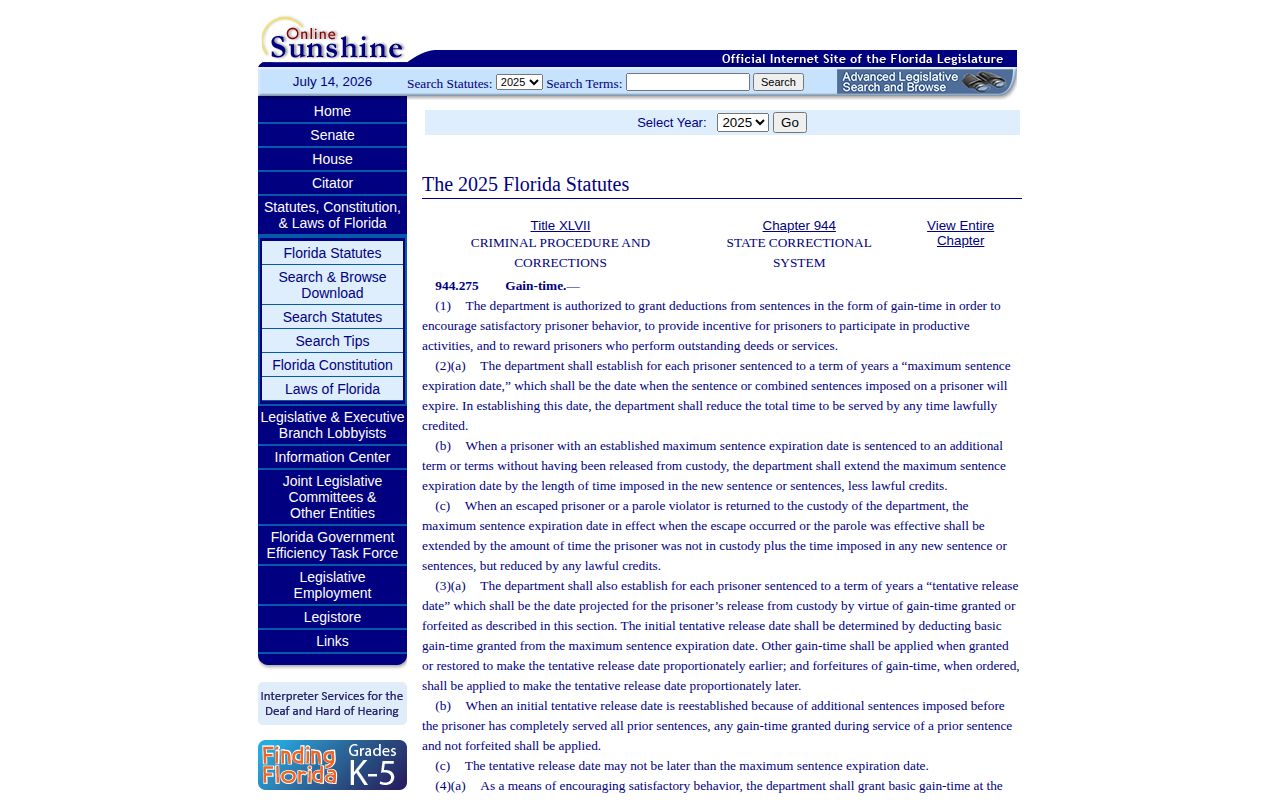 Florida gain-time statute used for St. Johns County projected release dates
